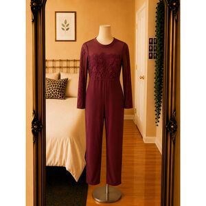 IRIS Women Lace Floral Embroidery Pants Jumpsuit Long Sleeves Size L